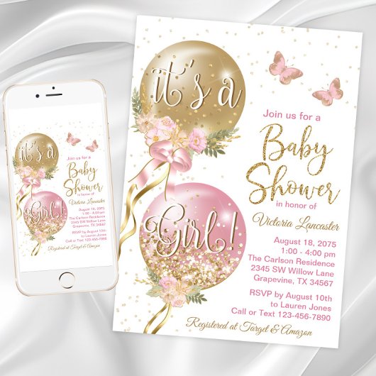 Invitation Fête de naissance de bébé fille Ballon