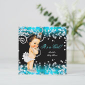 Invitation Fête de naissance de bébé fille bleu sarcelle pail (Debout devant)