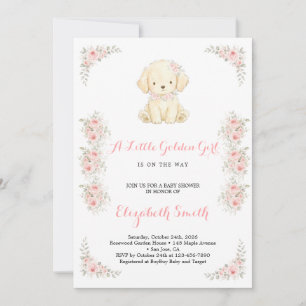 Invitation Fête de Naissance de Bébé Fille & Chiot Golden Ret