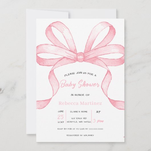 Invitation Fête de naissance de bébé fille Coquette Ruban Ros (Devant)