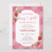 Invitation Fête de naissance de bébé fille douce aux frambois (Devant)