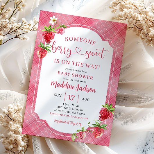 Invitation Fête de naissance de bébé fille douce aux frambois