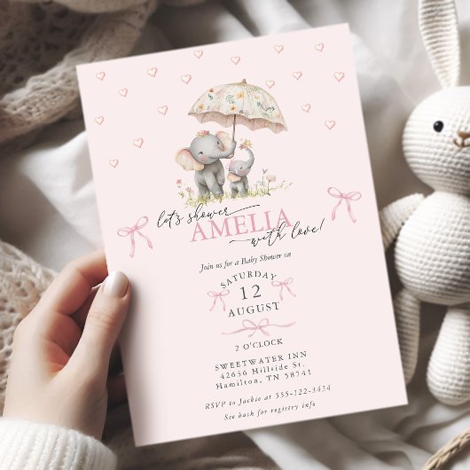 Invitation Fête de naissance de bébé fille éléphant et son bé