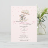 Invitation Fête de naissance de bébé fille éléphant et son bé (Debout devant)