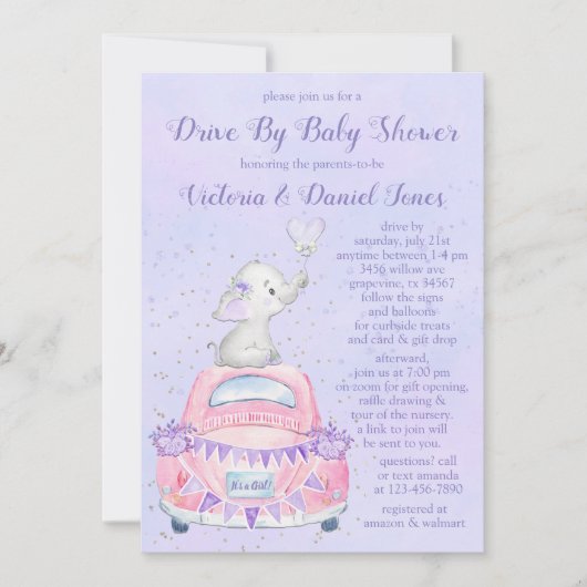 Invitation Fête de naissance de bébé fille éléphant violet vo (Devant)
