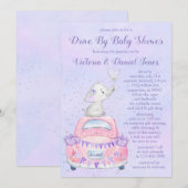 Invitation Fête de naissance de bébé fille éléphant violet vo (Devant / Derrière)