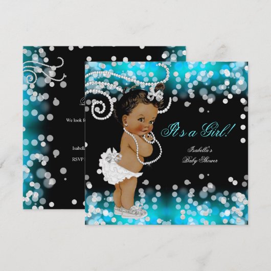 Invitation Fête de naissance de bébé fille Noir Bleu sarcelle (Devant / Derrière)