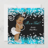 Invitation Fête de naissance de bébé fille Noir Bleu sarcelle (Devant)