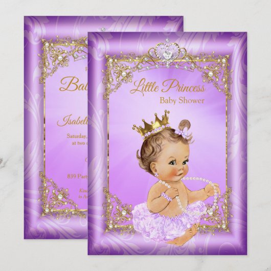 Invitation Fête de naissance de bébé fille Princesse Or Viole (Devant / Derrière)