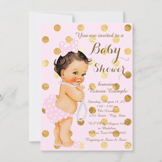 Invitation Fête de naissance de bébé fille rose or perle (Devant)