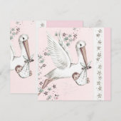 Invitation Fête de naissance de bébé fille Rose Stork (Devant / Derrière)