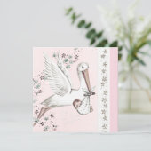 Invitation Fête de naissance de bébé fille Rose Stork (Debout devant)