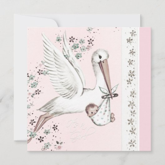 Invitation Fête de naissance de bébé fille Rose Stork (Devant)