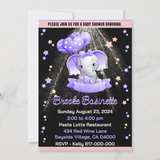 Invitation Fête de naissance de Bébé Fille Rose Violet Élépha (Devant)