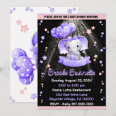 Invitation Fête de naissance de Bébé Fille Rose Violet Élépha (Devant / Derrière)