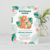 Invitation Fête de Naissance de Bébé Fleur Tropicale Dinosaur (Debout devant)