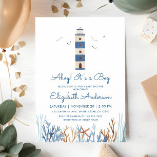 Invitation Fête de naissance de bébé garçon au phare à l'aqua