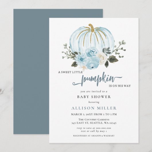 Invitation Fête de naissance de bébé garçon citrouille bleue (Devant / Derrière)
