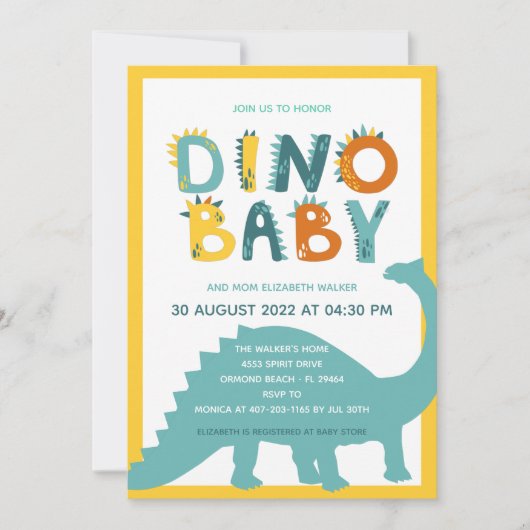 Invitation Fête de naissance de bébé garçon dinosaure (Devant)
