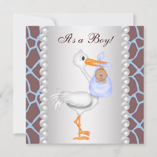 Invitation Fête de naissance de bébé garçon girafe bleu marro (Devant)