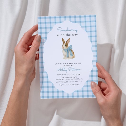 Invitation Fête de naissance de bébé garçon lapin en vichy bl