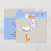 Invitation Fête de naissance de bébé garçon Stork Gingham Bei (Devant / Derrière)