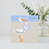 Invitation Fête de naissance de bébé garçon Stork Gingham Bei (Debout devant)