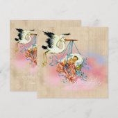 Invitation Fête de naissance de bébé garçon thème cigogne vin (Devant / Derrière)