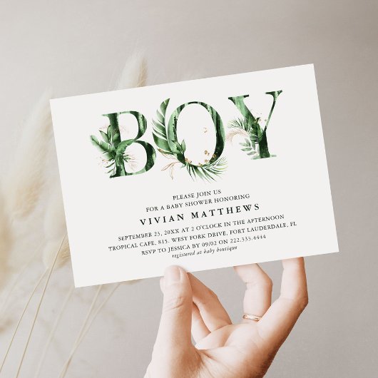Invitation Fête de naissance de bébé garçon vert tropical et