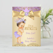 Invitation Fête de naissance de bébé princesse damas or viole (Debout devant)