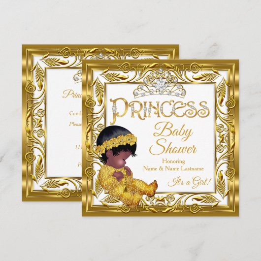 Invitation Fête de naissance de bébé princesse dorée foncée e (Devant / Derrière)