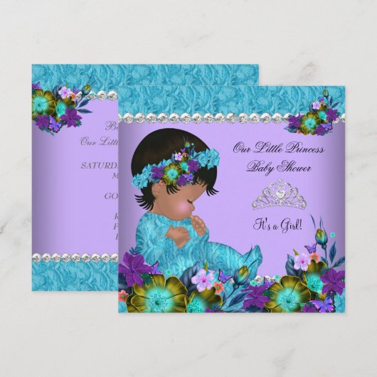 Invitation Fête de naissance de bébé princesse fille sarcelle (Devant / Derrière)