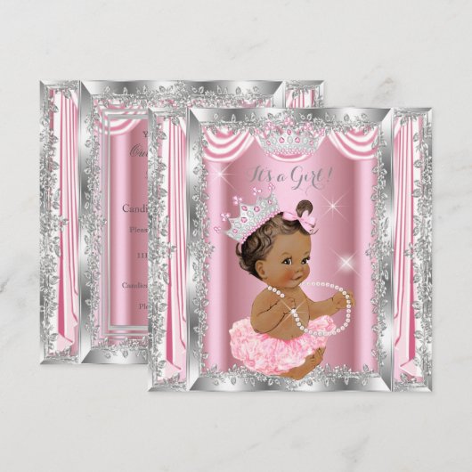 Invitation Fête de naissance de bébé princesse Rose Argent Ba (Devant / Derrière)