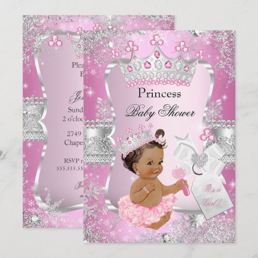 Invitation Fête de naissance de Bébé Princesse Rose Argentée (Devant / Derrière)