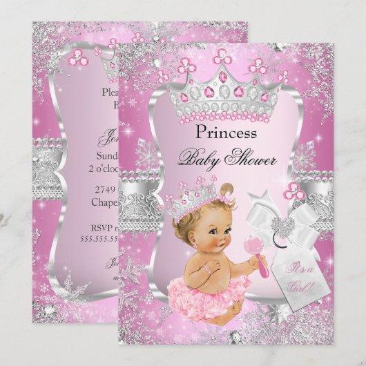Invitation Fête de naissance de Bébé Princesse Rose Argentée (Devant / Derrière)