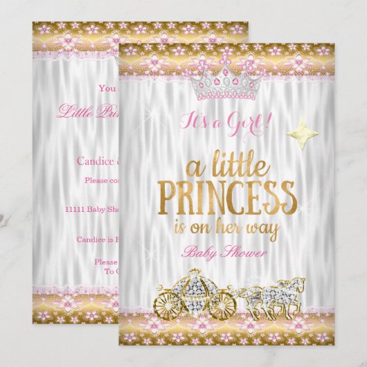 Invitation Fête de naissance de bébé princesse Rose Or Blanc  (Devant / Derrière)