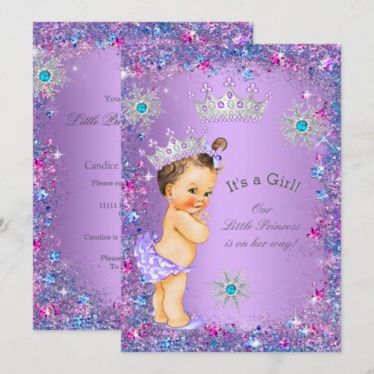 Invitation Fête de naissance de bébé princesse Violet Bleu Ro (Devant / Derrière)