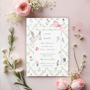 Invitation Fête de naissance de cigogne vintage, rose et ruba