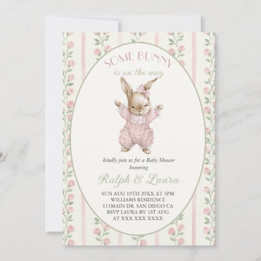 Invitation Fête de naissance de fille au lapin rose (Devant)