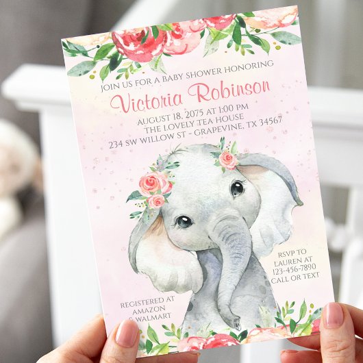 Invitation Fête de naissance de fille éléphant floral