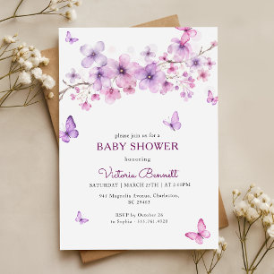 Invitation Fête de naissance de fille Papillon Floral Rose La