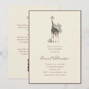Invitation Fête de naissance de girafe aquarelle florale rose