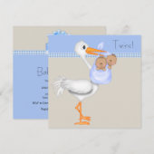 Invitation Fête de naissance de jumeaux garçon Stork Gingham (Devant / Derrière)