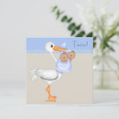Invitation Fête de naissance de jumeaux garçon Stork Gingham (Debout devant)