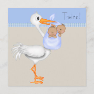 Invitation Fête de naissance de jumeaux garçon Stork Gingham