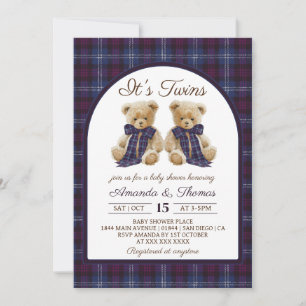 Invitation Fête de naissance de jumeaux luxe tartan ours