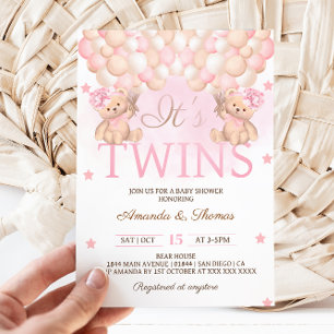 Invitation Fête de naissance de jumelles avec ballons roses
