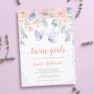 Invitation Fête de naissance de jumelles papillon floral viol