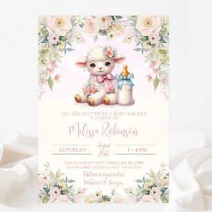 Invitation Fête de naissance de l'agneau floral rose