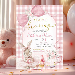 Invitation Fête de naissance de lapin floral rose Gingham Coq